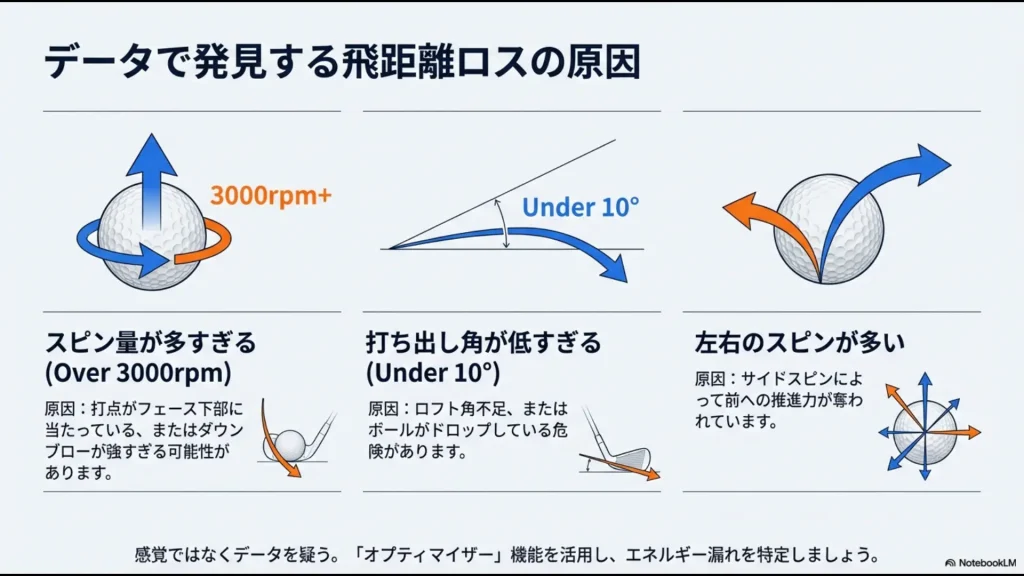 多すぎるスピン量、低すぎる打ち出し角、左右のスピンが飛距離ロスを招く原因解説図