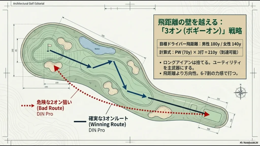 危険な2オン狙いと確実な3オンルートを比較したゴルフコースマネジメントの図解
