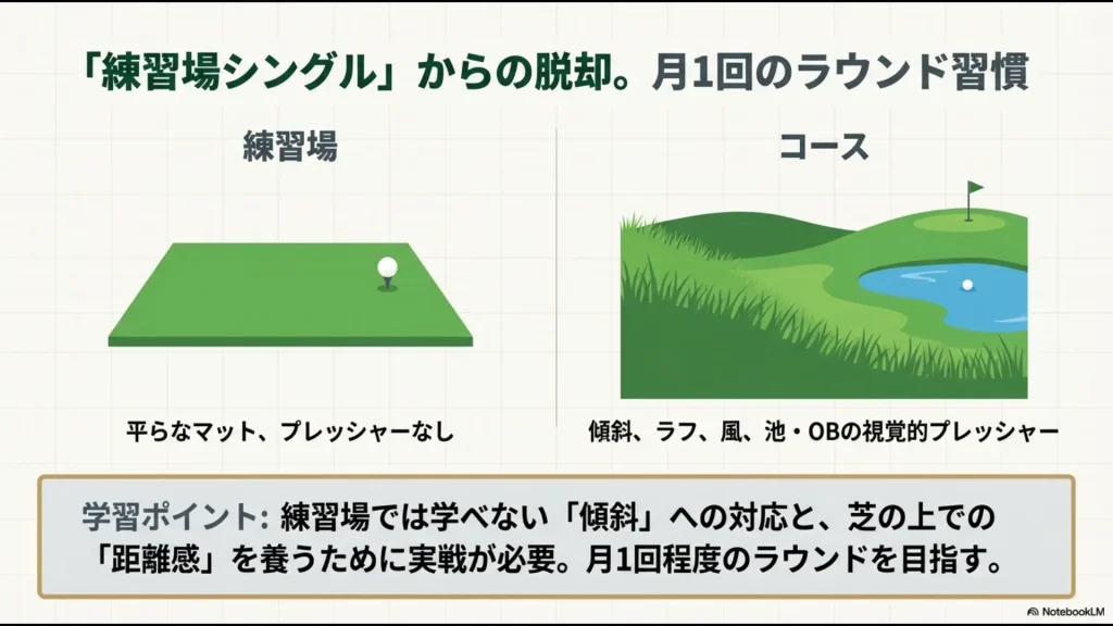 練習場とコースの環境差（傾斜、ラフ、風など）を比較し、実戦でしか学べない学習ポイントをまとめたスライド