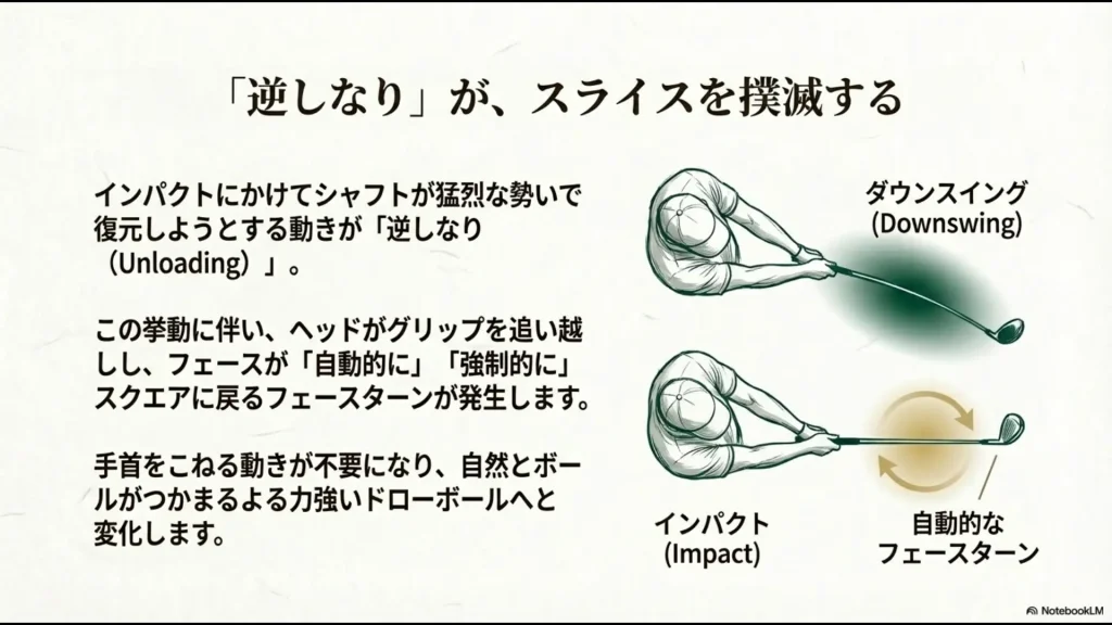 インパクト付近で発生する逆しなり(Unloading)によって、フェースが自動的にスクエアに戻る仕組み
