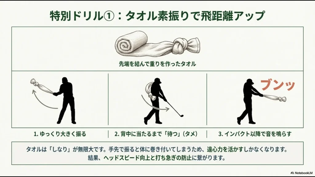 タオルの先端を結んで振り、背中に当たるまで待つことで「タメ」を作り、ヘッドスピード向上と打ち急ぎ防止を目指すドリル