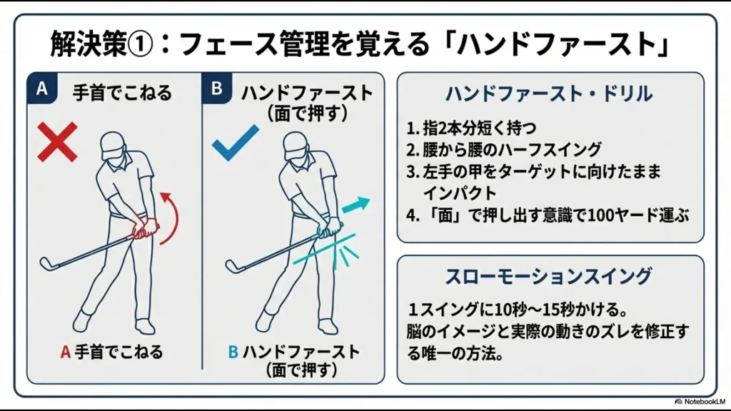 手首でこねる悪い例とハンドファーストで面で押す良い例の比較、およびハンドファースト・ドリルとスローモーションスイングの手順解説。