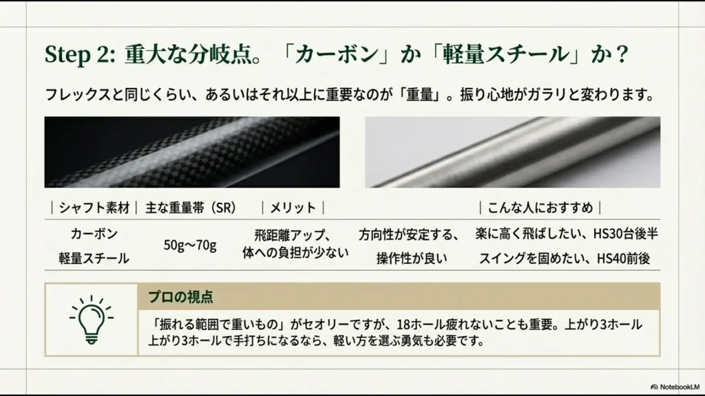 アイアンのカーボンシャフトと軽量スチールシャフトの重量帯、メリット、おすすめのタイプを比較した表。