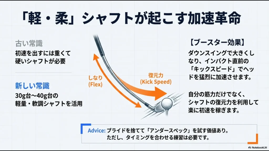 シャフトのしなりと復元力がヘッドを加速させるキックスピードのメカニズム図