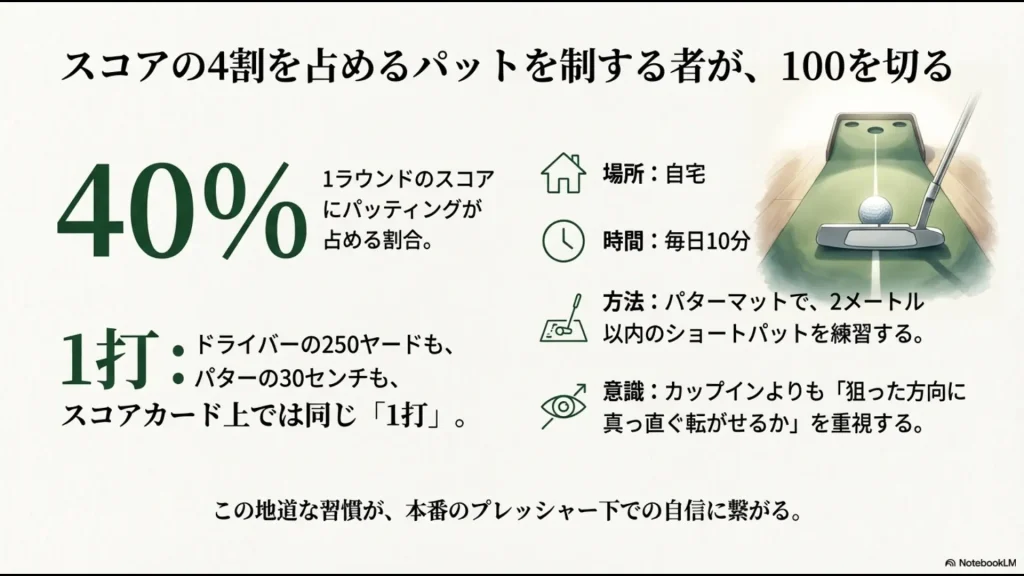 自宅のパターマットで毎日10分、カップインより真っ直ぐ転がすことを重視して練習するパッティング上達のポイント 。