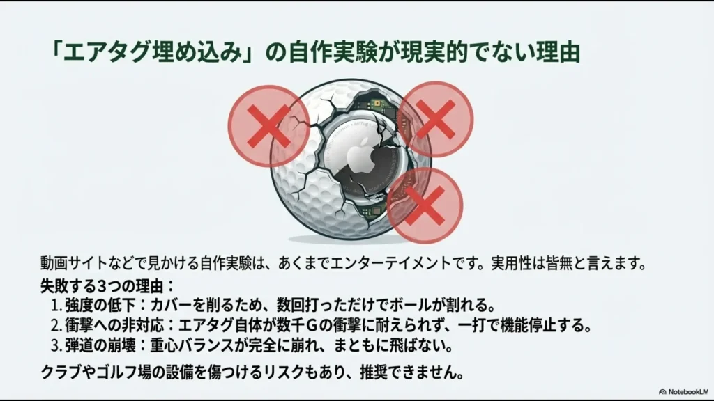 ゴルフボールにAirTagを埋め込む自作実験が強度低下や衝撃、弾道の崩壊により実用的ではないことを示す図