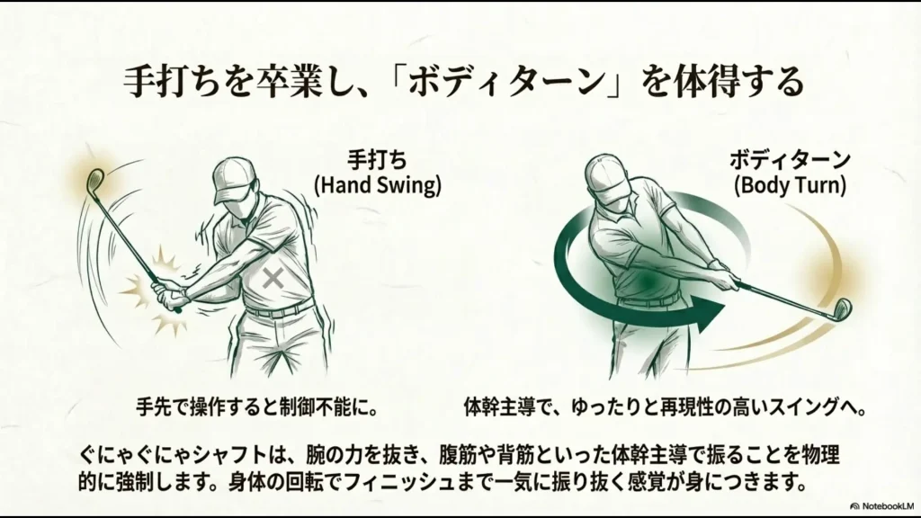 ぐにゃぐにゃシャフトで手打ちを防止し、体幹主導のボディターンを習得するためのイメージ図