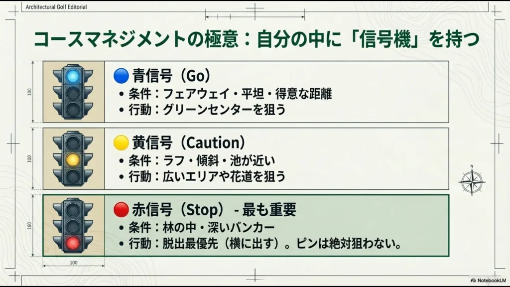 フェアウェイ(青)、ラフ(黄)、林・バンカー(赤)に応じたゴルフの判断基準「信号機理論」の解説