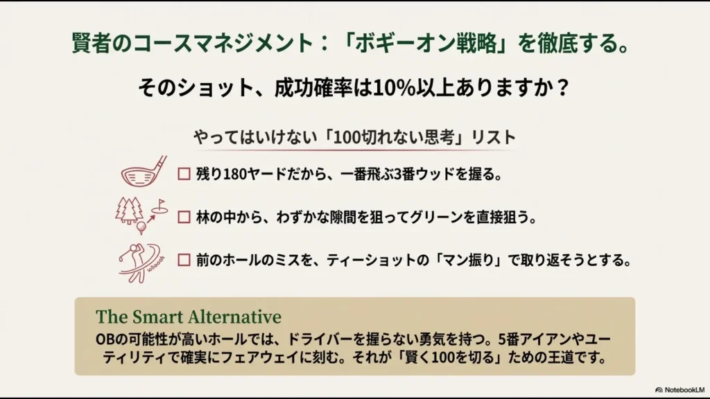 100切りを阻むNG思考リストと、ドライバーを握らない勇気など賢い選択肢（代替案）のまとめ。