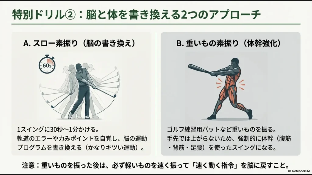 1回に1分かけるスロー素振りと、重いバットによる体幹強化を組み合わせ、脳の運動プログラムを書き換えるアプローチ