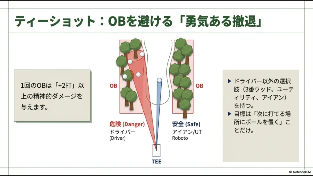 ティーショットでのOBを避けるための図解。ドライバー（危険）とアイアン/UT（安全）の打ち分けと、次に打てる場所に置く目標の提示。