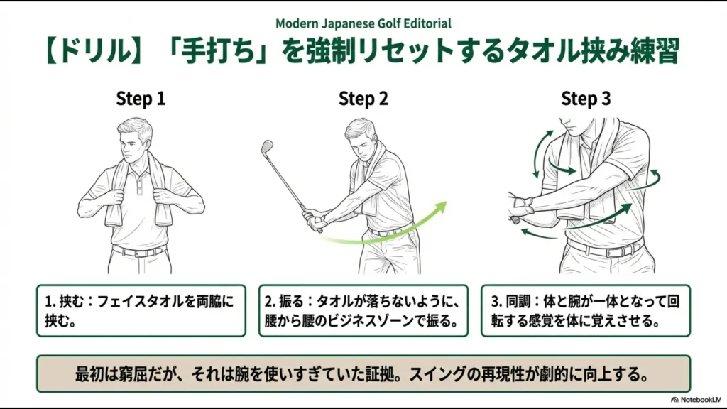 両脇にタオルを挟んで体と腕を同調させる練習ドリルの3ステップ解説図