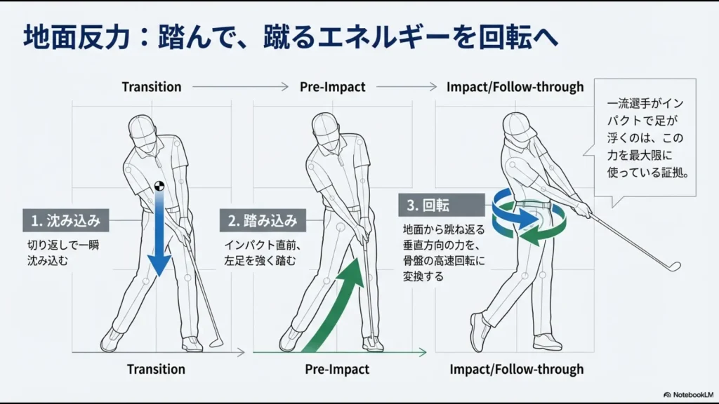 沈み込み、踏み込み、回転の3工程を経て、垂直方向の力を骨盤の回転に変える地面反力のプロセス。