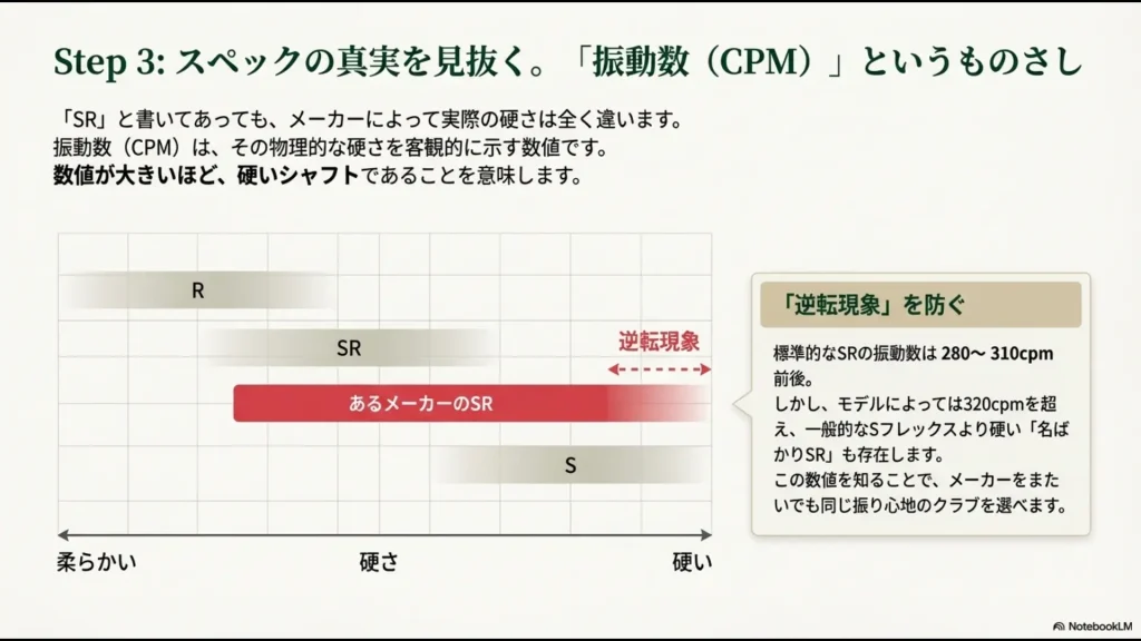 標準的なアイアンSRの振動数目安（280〜310cpm）と、メーカーによる「逆転現象」を解説した図。