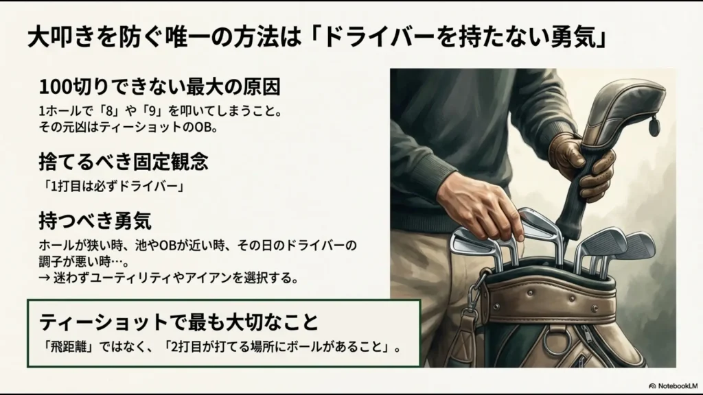 1打目はドライバーという固定観念を捨て、2打目が打てる場所を優先してアイアン等を選択する勇気についての図解 。