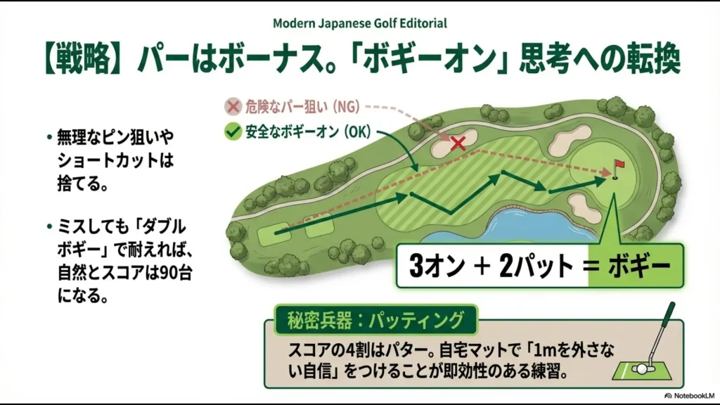 無理なパー狙いを避け、3オン2パットのボギーオンで確実にスコアをまとめる考え方の図解