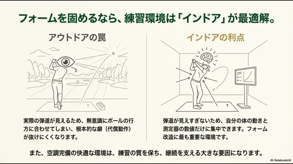 アウトドアでの「実際の弾道が見える罠」と、インドアでの「体の動きと数値に集中できる利点」を比較したイラスト。