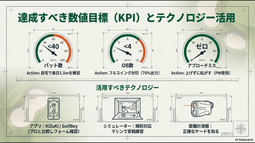 パット数40未満、OB4発以内などのKPI数値と、スイング分析アプリやシミュレーター活用のまとめ