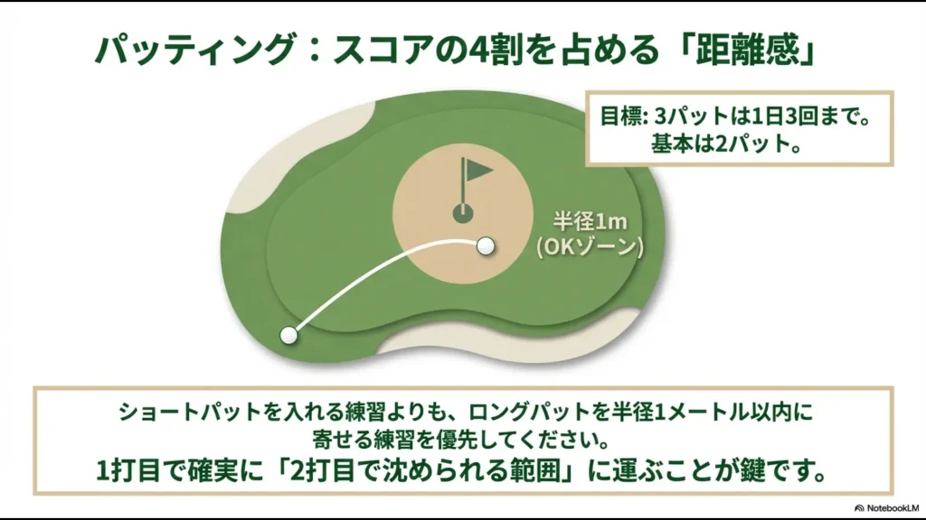 パッティングの距離感とOKゾーンの解説図。ロングパットを半径1メートル以内に寄せる重要性を示したイラスト。
