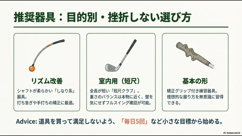 リズム改善のしなり系、室内用の短尺クラブ、基本の形を習得する矯正グリップ付き器具など、目的別の推奨器具一覧