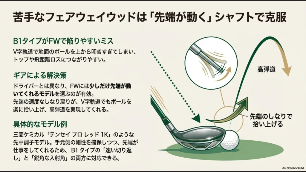 先端のしなり戻りによって地面のボールを拾い上げ、V字軌道でも高弾道を実現する仕組みの図