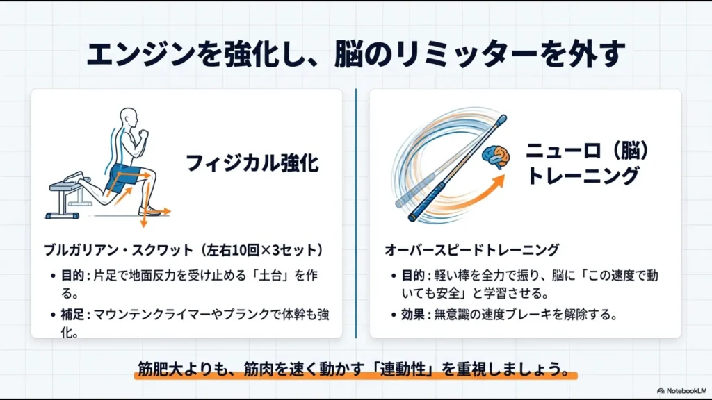 ブルガリアンスクワットによる土台作りとオーバースピードトレーニングによる神経系強化
