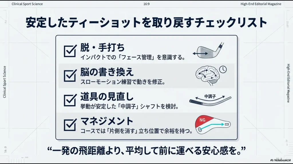 記事の総括として、脱・手打ち、脳の書き換え(スローモーション)、道具の見直し、マネジメントの4つの改善ポイントをまとめたリスト。