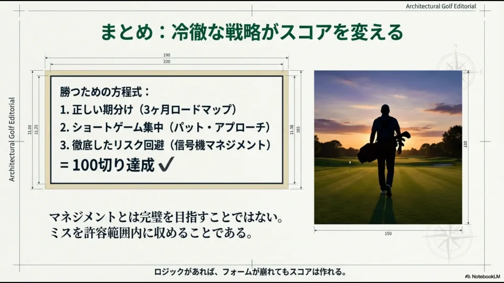 3ヶ月ロードマップ、ショートゲーム集中、リスク回避の3要素をまとめた100切り達成のための方程式