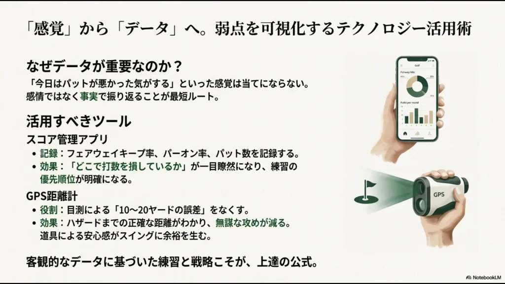 スコア管理アプリでの弱点可視化（フェアウェイキープ率等）とGPS距離計による誤差の排除のメリット 。