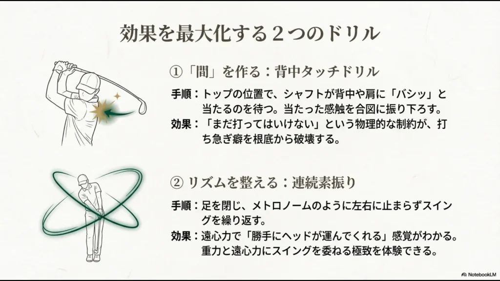打ち急ぎを防ぐ背中タッチドリルと、リズムを整える連続素振りの手順と効果のまとめ