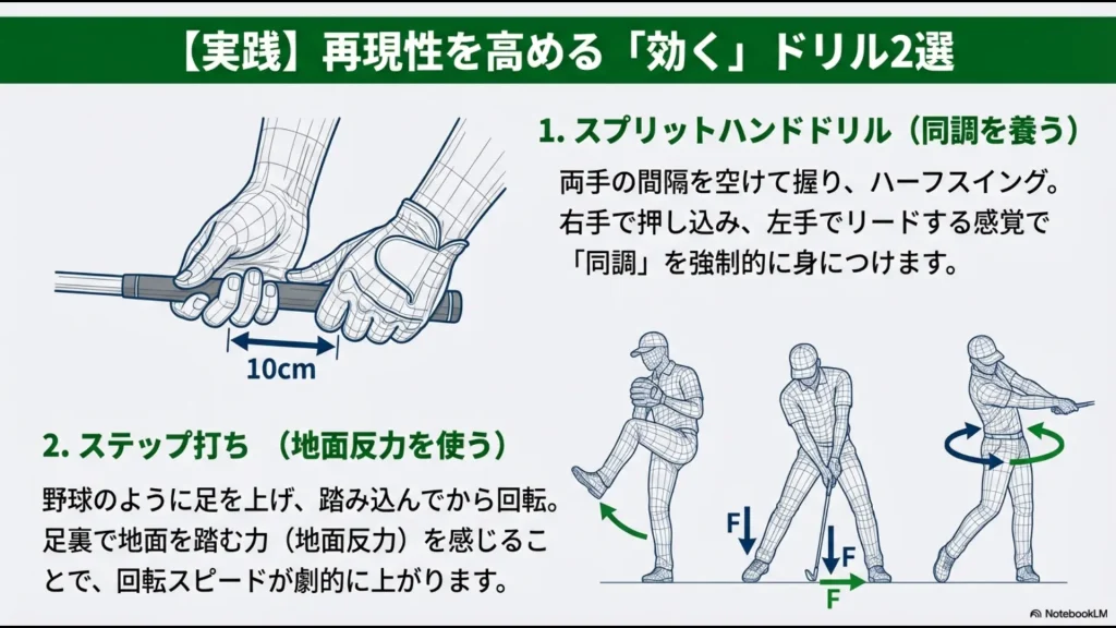 同調を養うスプリットハンドドリル（両手間隔10cm）と、地面反力を使って回転スピードを上げるステップ打ちの練習方法。