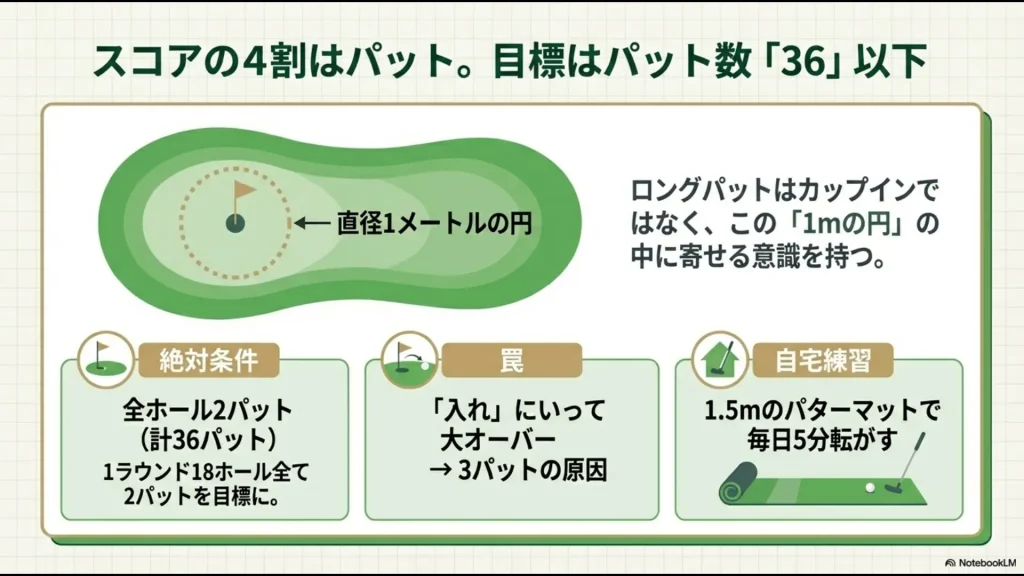 全ホール2パット以内を目標とし、ロングパットを直径1メートルの円の中に寄せる意識の重要性を示した図
