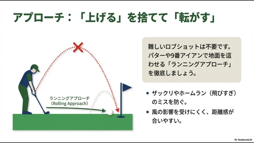 難しいロブショットを避け、パターや9番アイアンで地面を這わせる「ランニングアプローチ」の軌道とメリットの解説図。