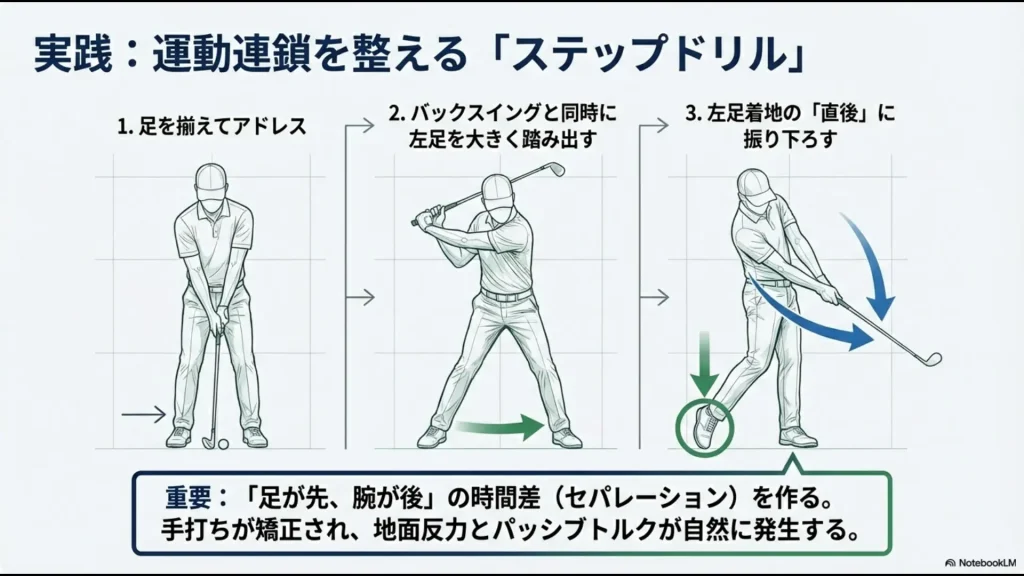 足を揃えたアドレスから踏み出し、時間差（セパレーション）を作って振り下ろすステップドリルの練習工程。