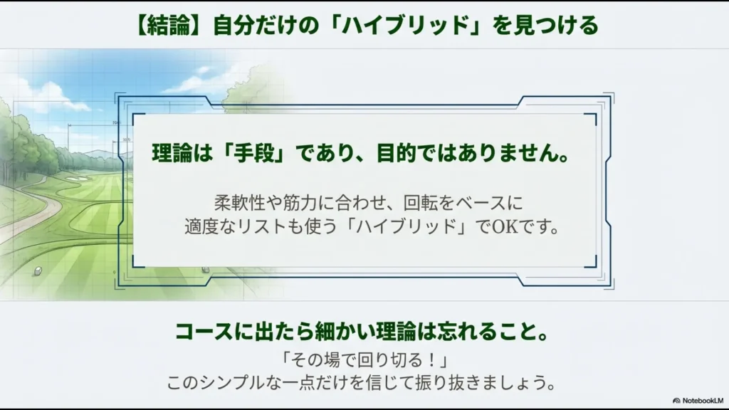 理論は手段であり目的ではないことを示し、柔軟性や筋力に合わせて適度にリストも使うハイブリッドなスイングを推奨する結論スライド。