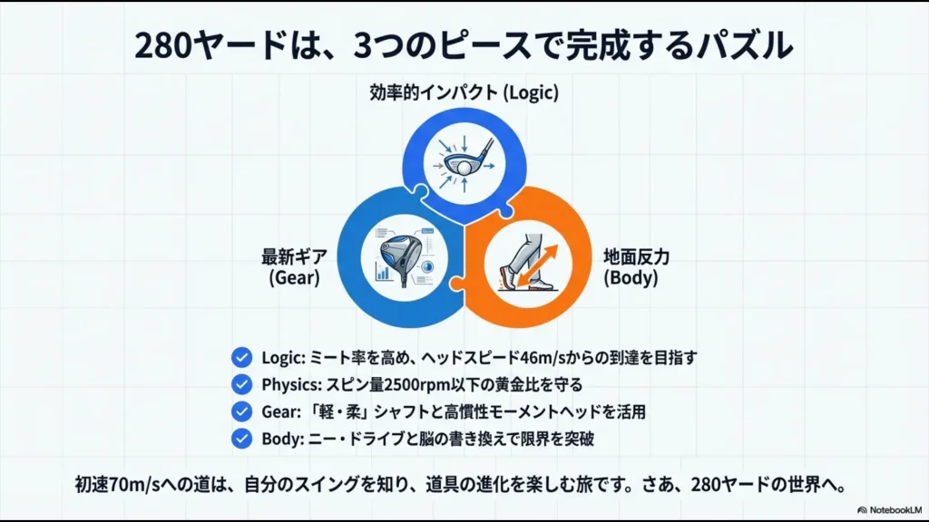 効率的インパクト（Logic）、最新ギア（Gear）、地面反力（Body）の3要素が揃うことで飛距離が完成する概念図