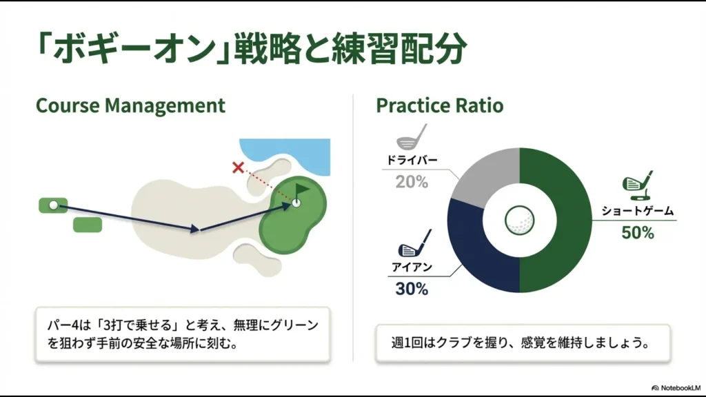 無理に狙わず安全に刻むコースマネジメントと、ショートゲーム50%を重視した理想的な練習配分の円グラフ。
