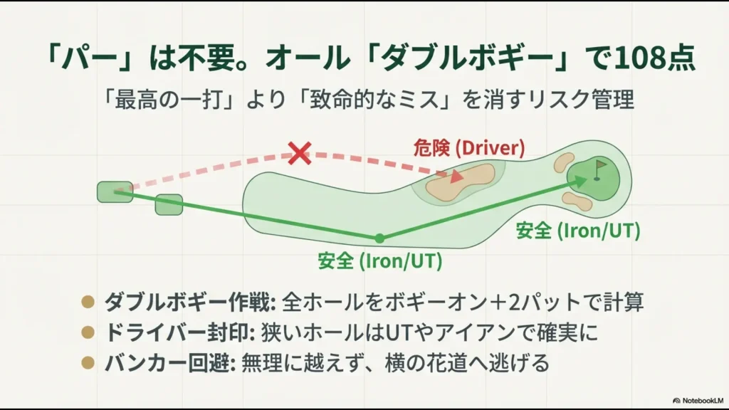 危険なドライバーを避けて安全なアイアン・UTを選択し、全ホールをダブルボギー以下で回るリスク管理戦略の図解