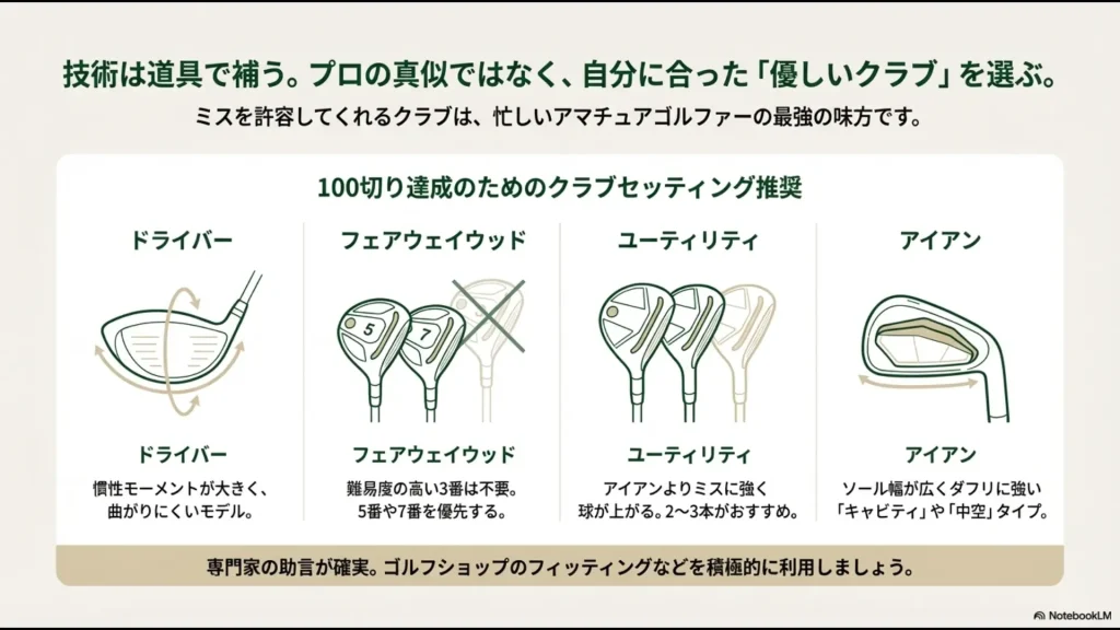 ドライバー、フェアウェイウッド5番・7番、ユーティリティ、キャビティアイアンなど100切りに最適な優しいクラブ選びの図解。