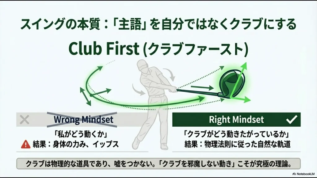 「私がどう動くか」という間違った意識と、「クラブがどう動きたがっているか」という正しい意識（クラブファースト）の対比図