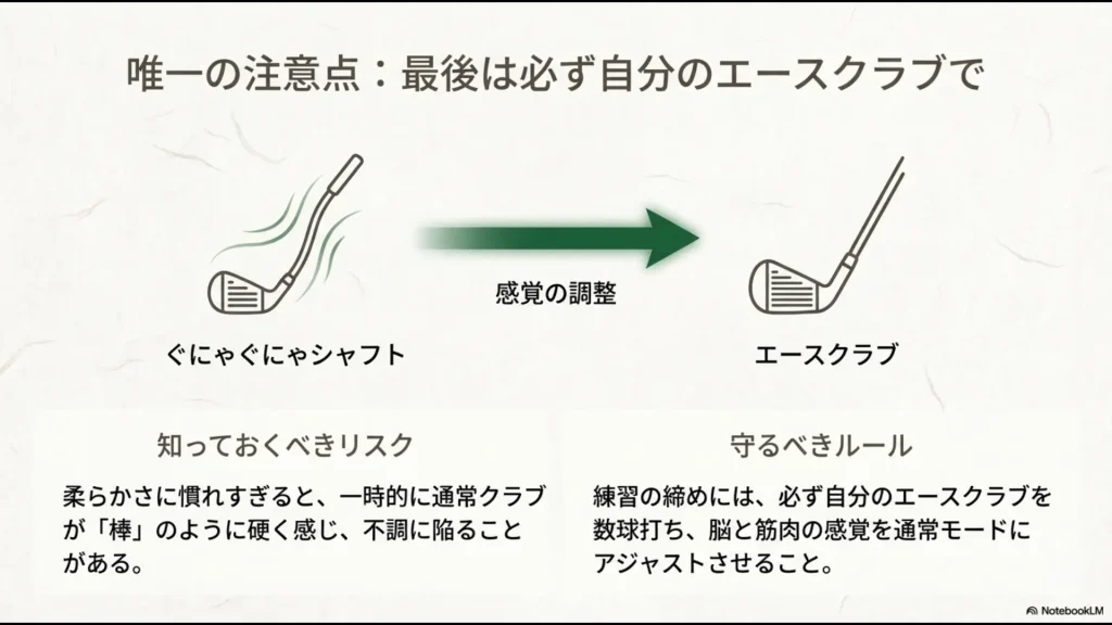 練習用シャフトの柔らかさに慣れすぎないよう、最後にエースクラブで脳と筋肉の感覚を調整するルールの説明