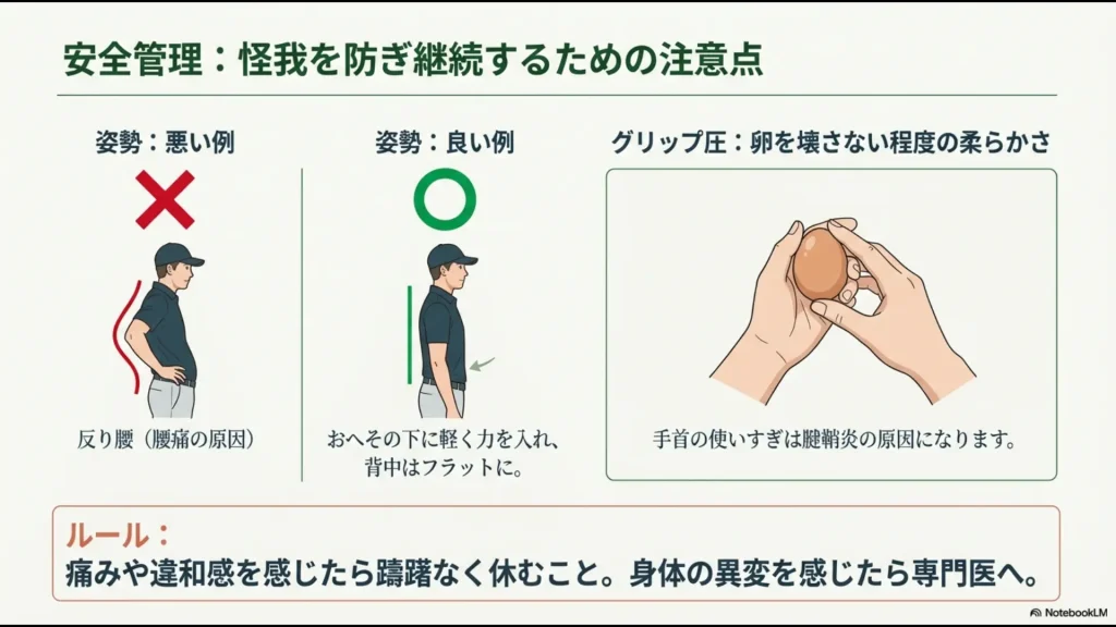 反り腰の防止とおへそ下の力を意識したフラットな背中、卵を壊さない程度のグリップ圧など、怪我予防のポイント解説