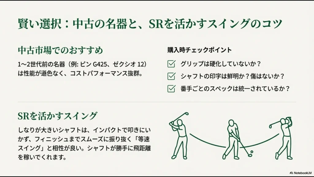 中古アイアン購入時のチェックリストと、SRシャフトに合う「等速スイング」のコツをまとめたスライド。