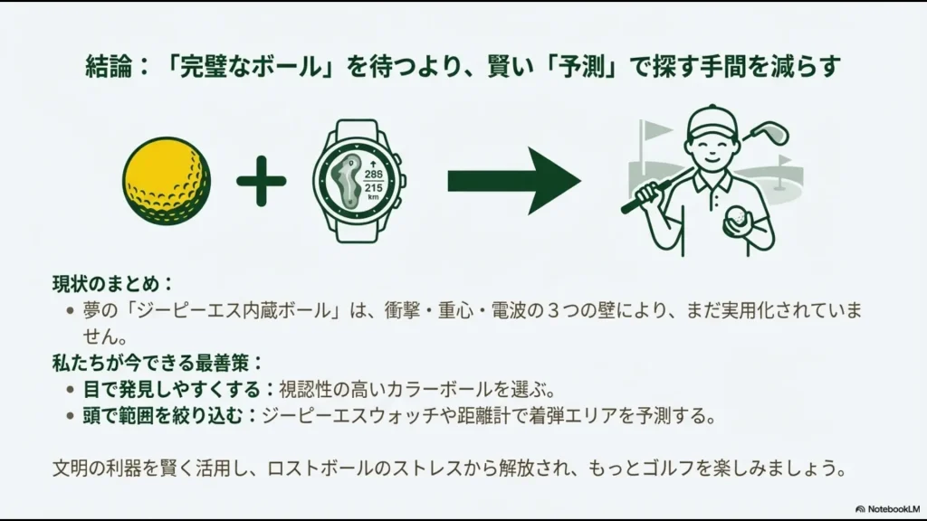 完璧なGPSボールを待つよりも、カラーボールとGPSウォッチの組み合わせで賢く予測して楽しむゴルファーのイラスト