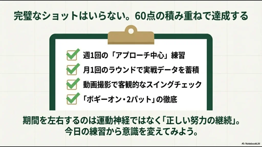 完璧を求めず60点の積み重ねで達成を目指す、練習・ラウンド・分析の最終的なアクションプランの要約