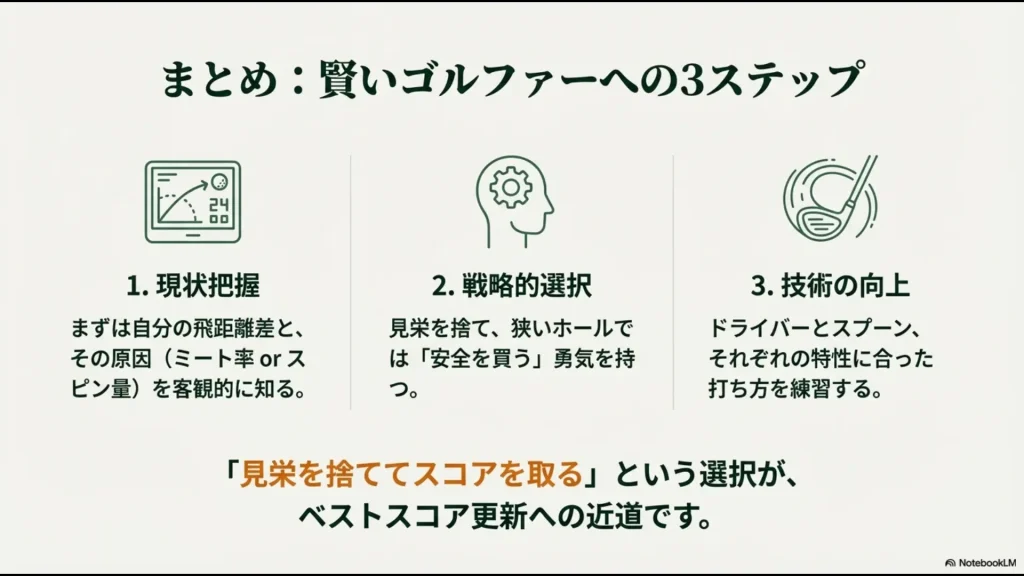 現状把握、戦略的選択、技術向上の3つのステップでベストスコアを更新するためのまとめスライド