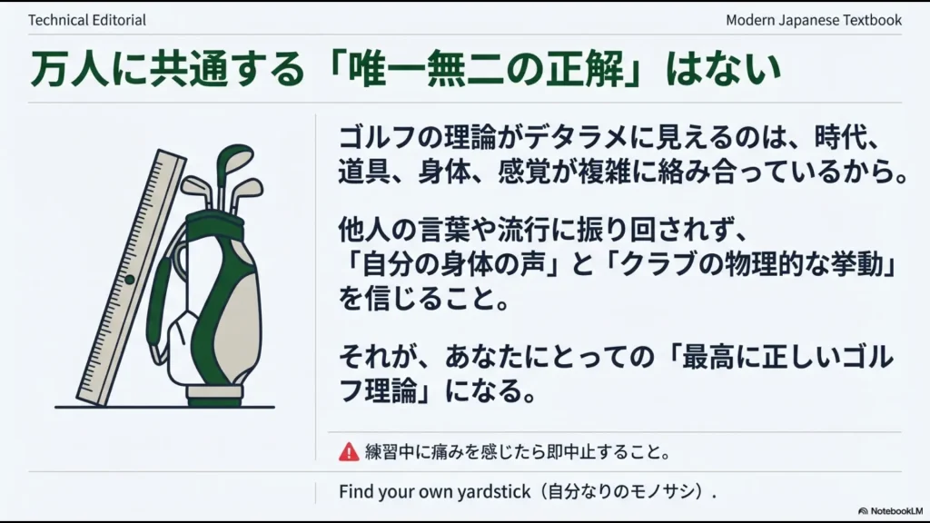万人に共通する正解はないことを示し、自分なりのモノサシ（yardstick）を見つけることを促す結論の図解 。