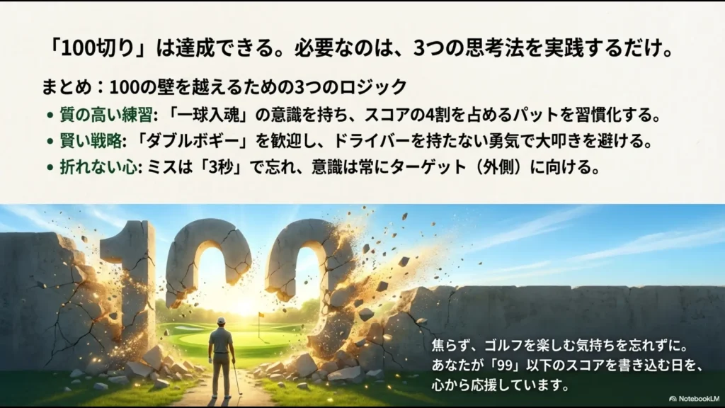 質の高い練習、賢い戦略、折れない心の3要素をまとめた100切り達成の最終チェック 。